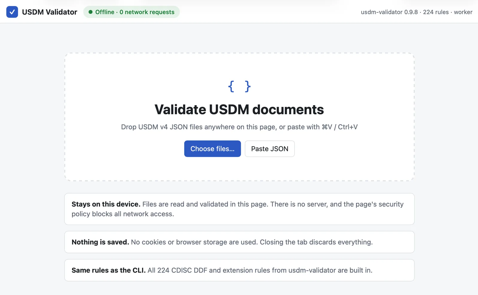USDM Validator in a browser tab, marked Offline with 0 network requests, ready to validate dropped or pasted USDM v4 JSON files